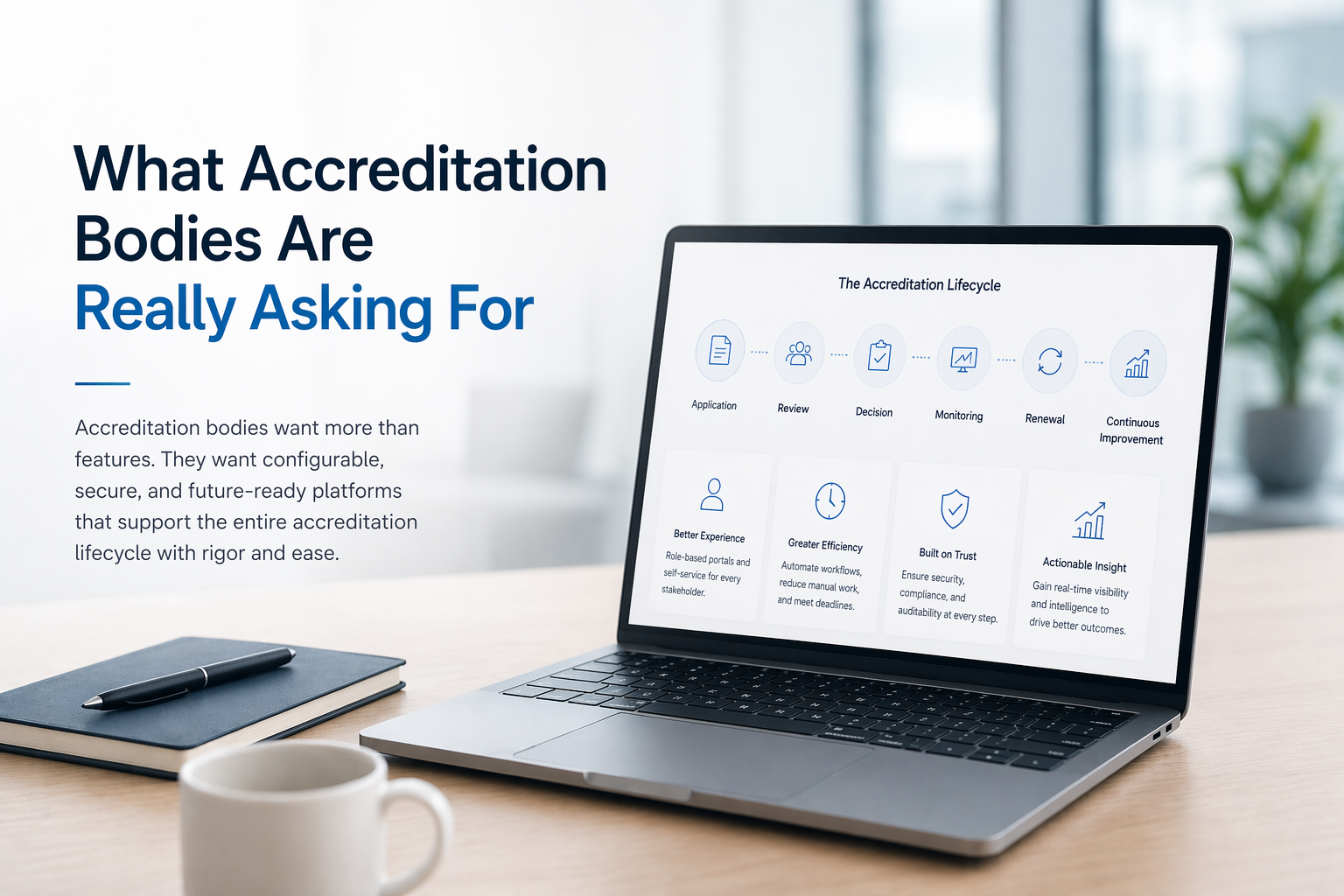 Modern workspace with laptop displaying accreditation management software dashboard for accreditation bodies and lifecycle workflows